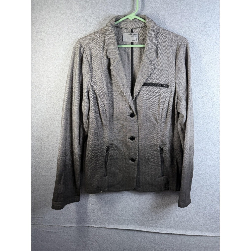 Ruff Hewn Grey Blazer Womens Large Gray Herringbone Cotton Zip Pockets Tailored